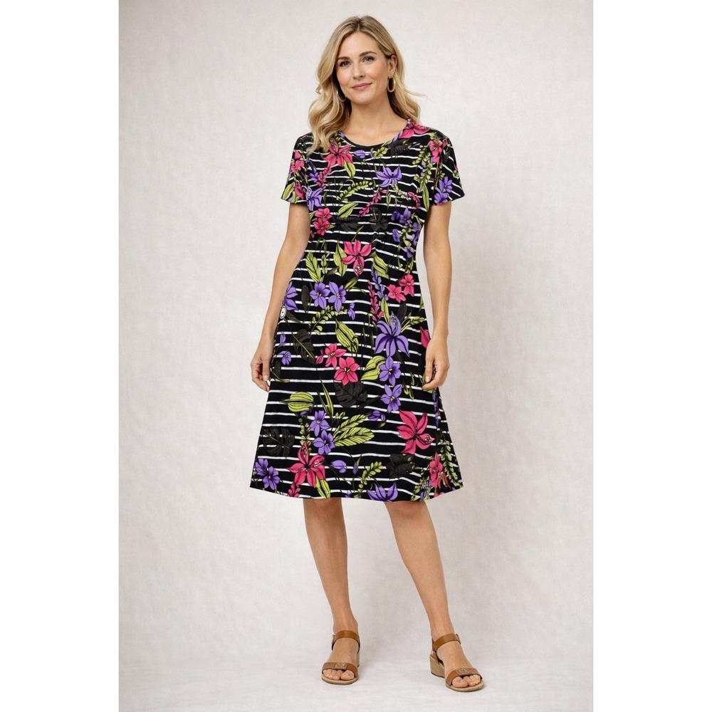 Lands End Navy Blue Stripped Midi T-Shirt Dress Floral Women's M 10-12